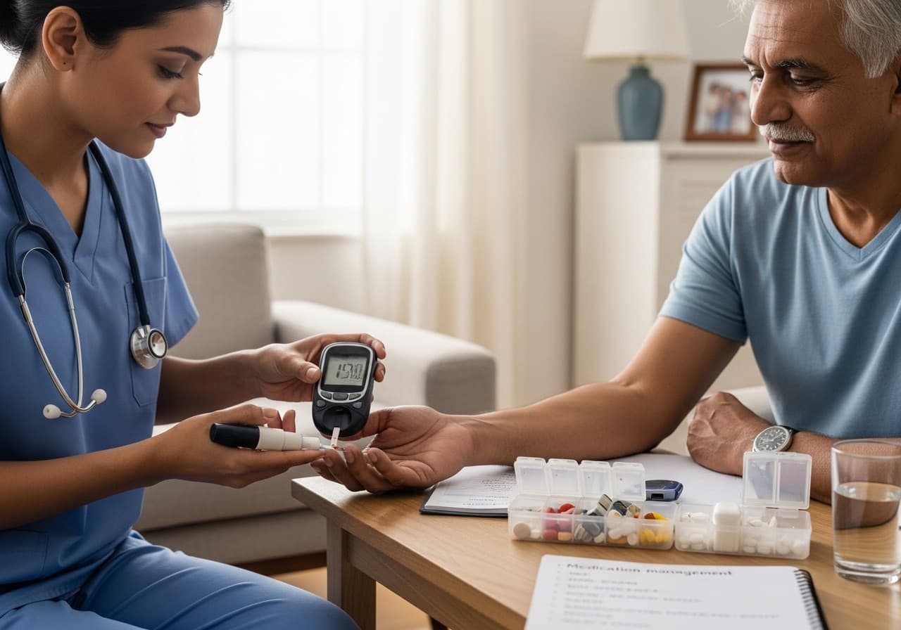 A nurse checking a patient's blood glucose reading at home