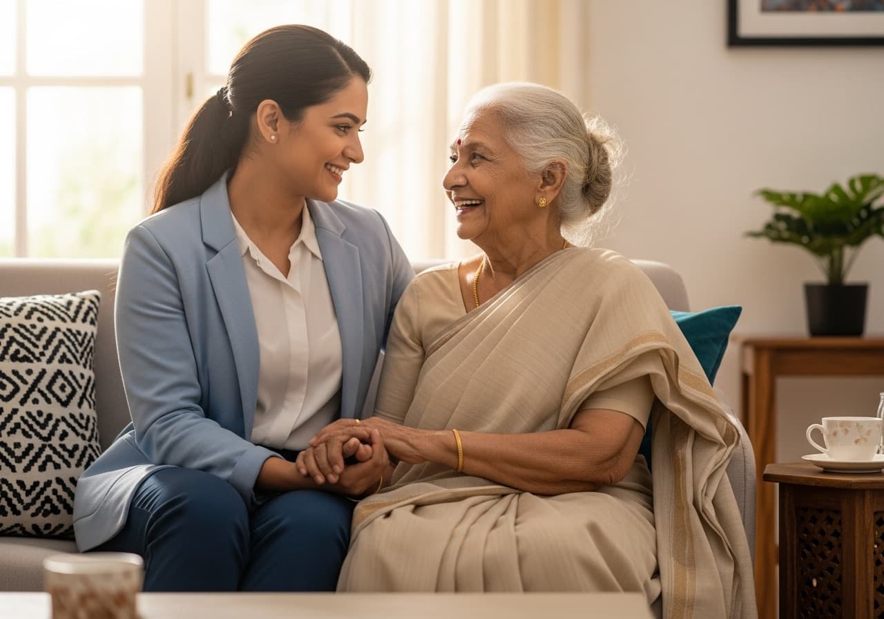 An Advino caregiver assisting an elderly woman at home