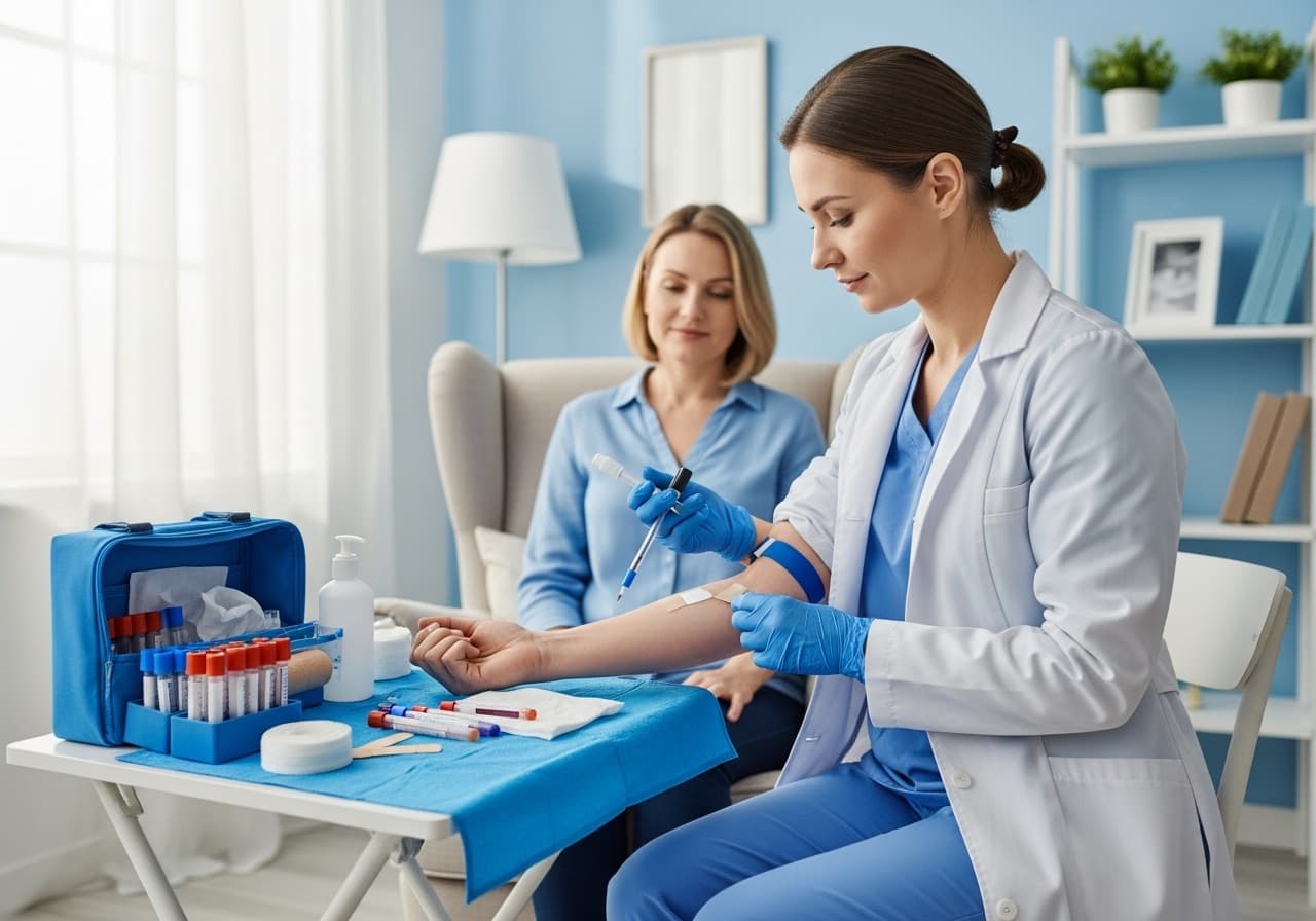 A phlebotomist collecting a blood sample at a patient's home