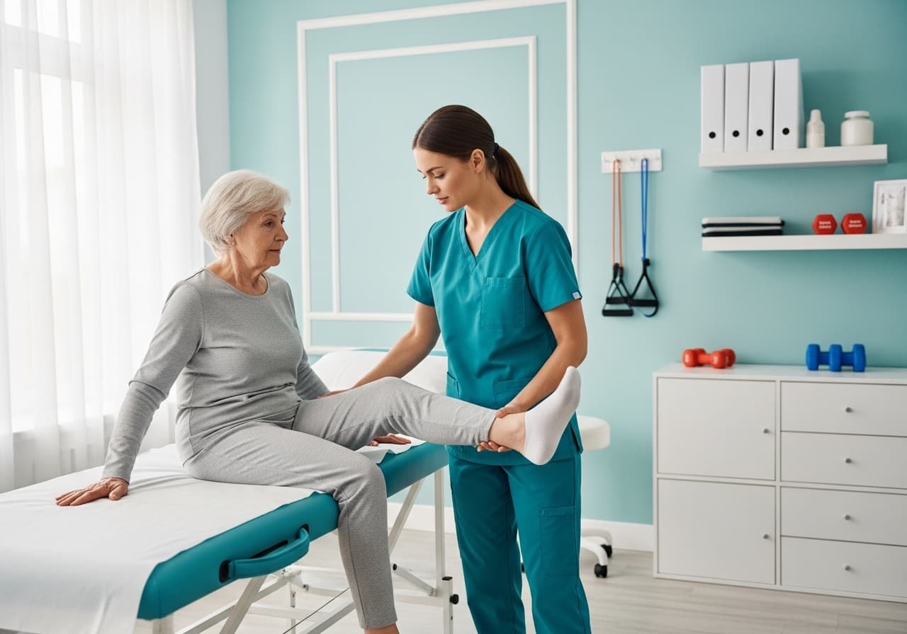 A physiotherapist guiding a patient through mobility exercises at home